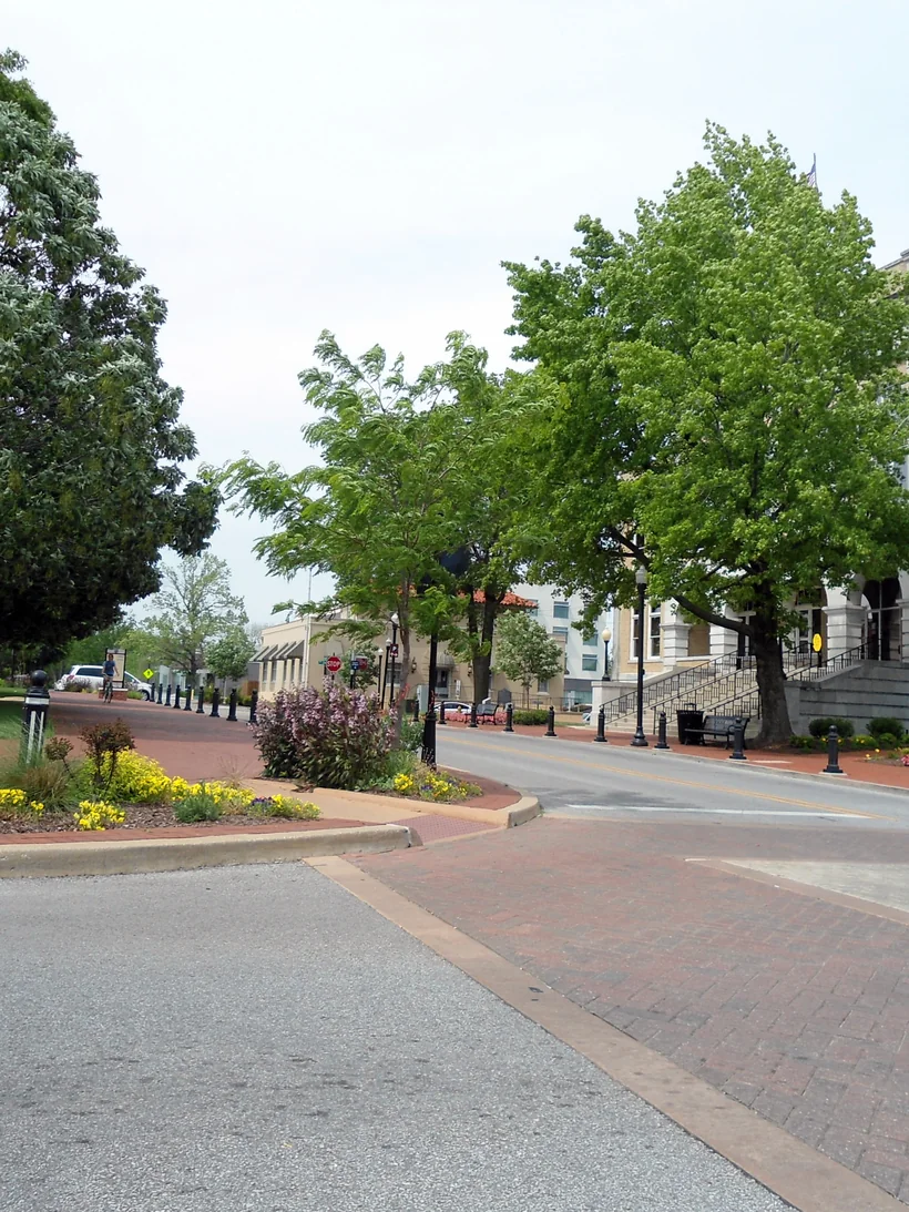 Downtown Bentonville's brick streets and planted corners near the square