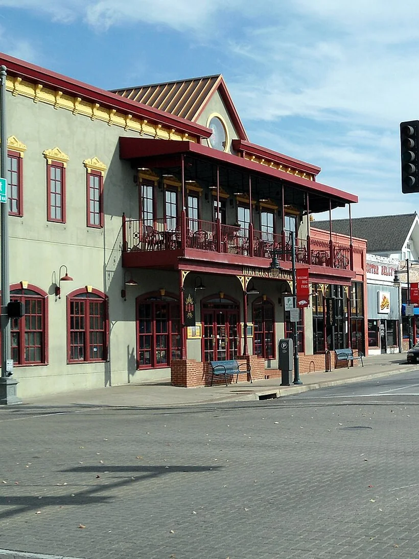 The balconied storefronts of Dickson Street in downtown Fayetteville